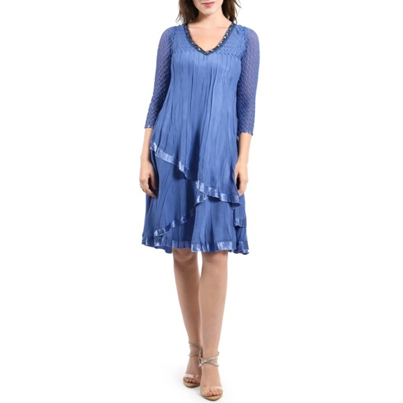 Komarov Beaded V-Neck 3/4 Sleeve Chiffon Charmeuse Trim Dress
